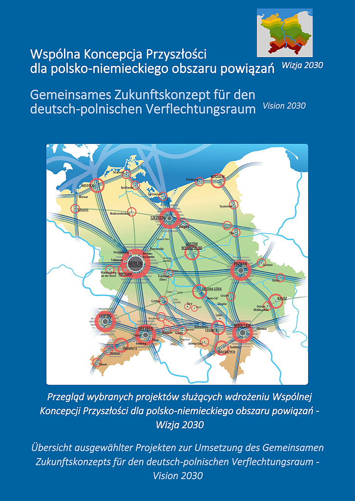 Strona tytułowa broszury "Wspólna Koncepcja Przyszłości dla polsko-niemieckiego obszaru powiązań - Wizja 2030: Przegląd wybranych projektów służących wdrożeniu Wspólnej Koncepcji Przyszłości dla polsko-niemieckiego obszaru powiązań - Wizja 2030/Gemeinsames Zukunftskonzept für den deutsch-polnischen Verflechtungsraum - Vision 2030: Übersicht ausgewählter Projekten zur Umsetzung des Gemeinsamen Zukunftskonzepts für den deutsch-polnischen Verflechtungsraum - Vision 2030"