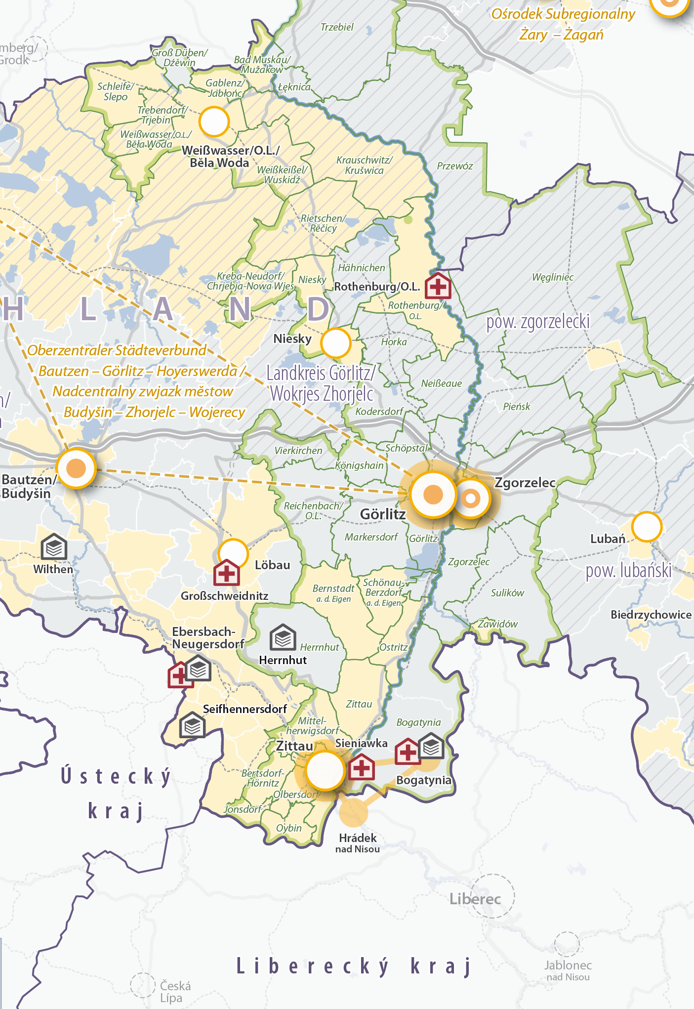 Grenzraumstudie für den Sächsisch-Niederschlesischen Grenzraum, Karte Daseinsvorsorge / Dostęp do dóbr i usług (Ausschnitt), © SMR